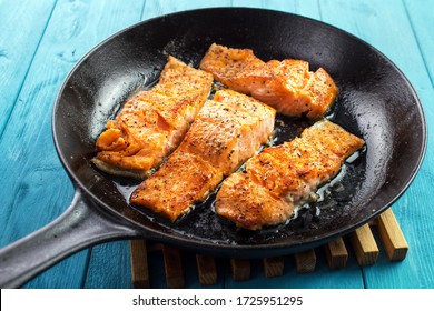  Pan Seared Salmon Fillets On Cast Iron Skillet