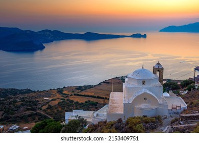 Panagia Thalassitra church and Plaka village view at sunset, Milos island, Cyclades, Greece
