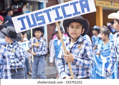 PANAJACHEL, GUATEMALA - SEPTEMBER 14, 2013: Students Take Part On A School Parade Celebrating The Independence Of Guatemala's Anniversary. September 14, 2013 In Panajachel, Guatemala