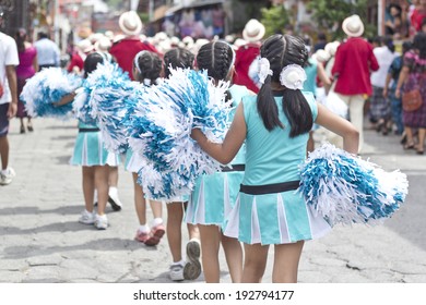 PANAJACHEL, GUATEMALA - SEPTEMBER 14, 2013: Students Take Part On A School Parade Celebrating The Independence Of Guatemala's Anniversary. September 14, 2013 In Panajachel, Guatemala