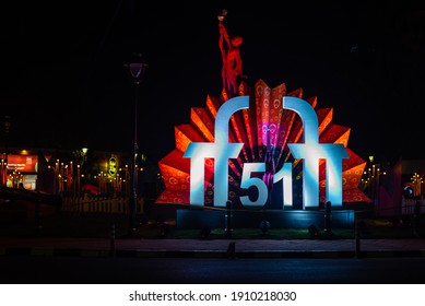 Panaji ,Goa, India- January 17 2021: City Of Panaji In Goa Illuminated And Decorated For The IFFI Festival During Covid In India. Annual Events In Goa.