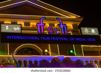 Panaji ,Goa, India- January 17 2021: City Of Panaji In Goa Illuminated And Decorated For The IFFI Festival During Covid In India. Annual Events In Goa.