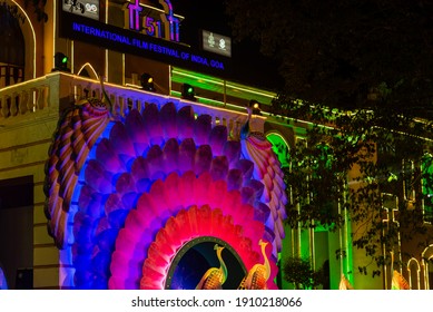 Panaji ,Goa, India- January 17 2021: City Of Panaji In Goa Illuminated And Decorated For The IFFI Festival During Covid In India. Annual Events In Goa.