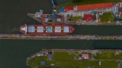 Panama Canal Area View, Container Ship Transit, Water Tanks, Composed Of Locks