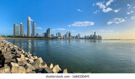 Panama, Central America / 01-13-2020 /Panama City Skyline At Cinta Costera Area As Seen From The Coastal Trail Near The Casco Viejo/Old Quarter.