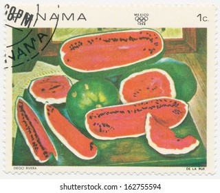 PANAMA - CIRCA  1968: A Stamp Printed In  Panama Shows Watermelons, By Diego Rivera, 1968 Summer Olympics, Mexico City, Circa 1968