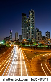 Panama city, Panama / 03-11-2020 / Cinta Costera, Coastal Beltway, Balboa avenue city skyline at night.