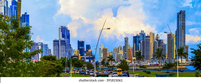 PANAMA CITY, PANAMA, 20 10 2015. Skyscrapers in Panama City, skyline on a background. The metro population of around 1,440,000 The city of Panama was founded on August 15, 1519 by Spanish conquistador