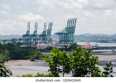Panama City, Panama - August 25, 2019: Panama: View of PSA Panama International Terminal located at the Pacific entrance to the Canal