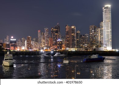 Panama City, Panama - August 29, 2015: Panama city skyline is seen at night on August 29, 2015 in Panama, Central America.