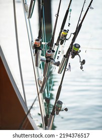 Panama City Beach, FL, USA - JUNE, 2020: Fishing Rods. Equipment For Fishing In The Ocean. Fish Farm In Florida