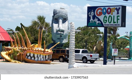 PANAMA CITY BEACH, FLORIDA, USA - MAY 13, 2020: Whimsical Statues At A Miniature Golf Course On The Beach