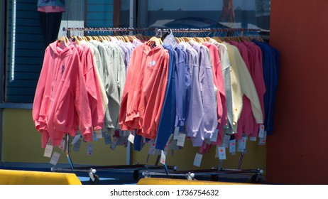 PANAMA CITY BEACH, FLORIDA, USA - CIRCA MAY 2020: Rack Of Sweatshirts For Sale In Front Of A Gift Shop