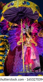 Panama City, Panama - February 22 2020: Panama Carnival 2020 In Panama City - Beautiful Queen Dressed Up In Traditional Costume In Carnival Parade. Reina Del Carnaval.