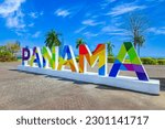 Panama City Letters in Panama on the sea promenade Malecon near Casco Viejo historic center.