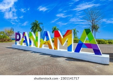 Panama City Letters in Panama on the sea promenade Malecon near Casco Viejo historic center.