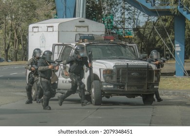Panama City, Panama; March 18, 2021: Riot police arrives to protest taking place in the front street of the Universidad de Panama.