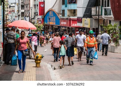 Panama City, Panama - March 2018: People On Busy Walking Street In Downtown Panama City 
