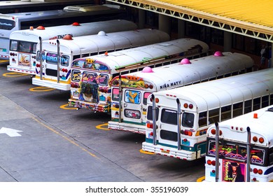 PANAMA CITY, PANAMA, OCTOBER 21 2015. Painted And Colorful Public Busses In Panama City Main Bus Station.  Provides The Backbone Of Personal, Affordable  Long Distance Transportation For The Public. 