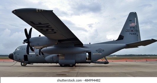 Panama City, USA - April 11, 2015: A U.S. Air Force C-130J used by the Air Force Reserve's 53rd Weather Reconnaissance Squadron, also known as the "Hurricane Hunters" at Keesler Air Force Base.