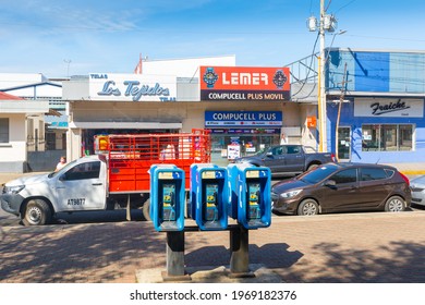 Panama David May 1, Three Public Telephones In Cervantes Square In A Sunny Day. Shoot On May 1, 2021