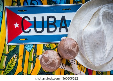 Panama hat and maracas, travel to Cuba concept