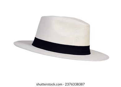 Panama hat style straw hat with black ribbon isolated on white background, straw hat for woman and man head protection iamge