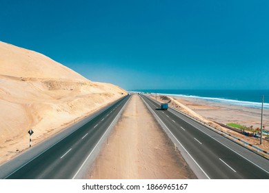 Panamericana Road With Pacific Ocean, Aerial View Panamericana In Cañete, Perú.