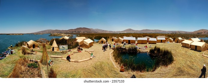 A panaramic view of one of the floating reed islands on Lake Titicaca
