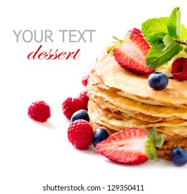 Pancake. Crepes With Berries. Pancakes Stack With Strawberry, Raspberry, Blueberry And Syrupe Isolated On A White Background