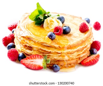 Pancake. Crepes With Berries. Pancakes Stack With Strawberry, Raspberry, Blueberry And Syrup Isolated On A White Background