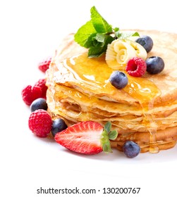 Pancake. Crepes With Berries. Pancakes Stack With Strawberry, Raspberry, Blueberry And Syrup Isolated On A White Background