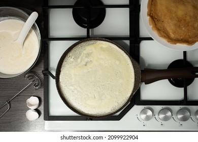 Pancake Making Process, Pancake Day, Frying Pan On The Stove