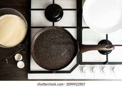 Pancake Making Process, Pancake Day, Frying Pan On The Stove