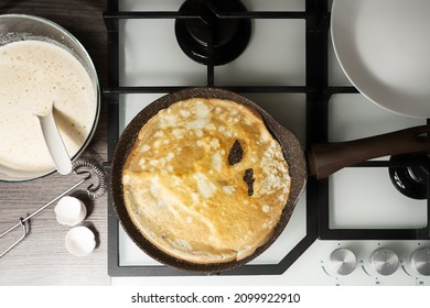 Pancake Making Process, Pancake Day, Frying Pan On The Stove