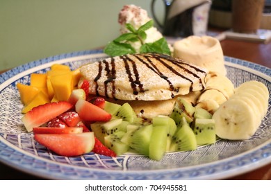 Pancake with mix fruit ,pancake breakfast,Stack of pancakes with fresh mix fruit