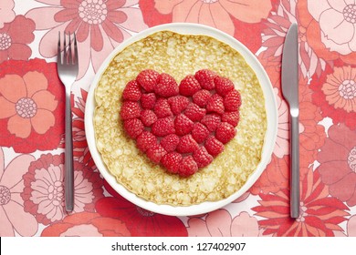 Pancake On Plate With Love Heart Shape On Table