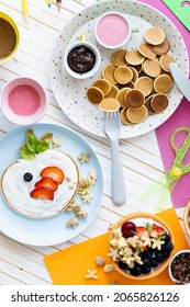 Pancake Party, Kids Food With Fresh Berries And Yogurt