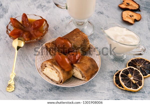 Pancakes Cottage Cheese On Plate Apricot Stock Photo Edit Now