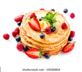 Pancakes. Crepes With Berries. Pancake Stack With Strawberry, Raspberry, Blueberry  Isolated On A White Background