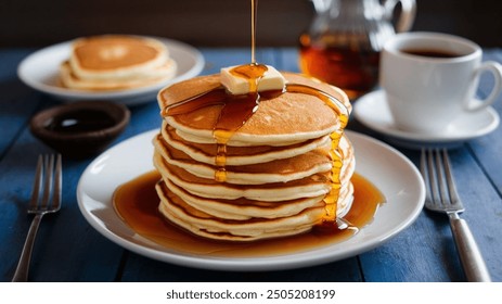 Pancakes: Fluffy, golden-brown pancakes stacked high and served with maple syrup and a pat of butter. A breakfast favorite that's sweet and satisfying