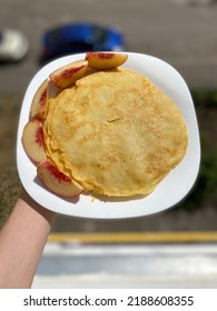 Pancakes With Peaches Are A Great Combination.  Unique Taste