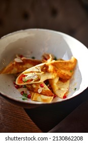 Pancakes With Ricotta And Mascarpone With Red Pomegranate.