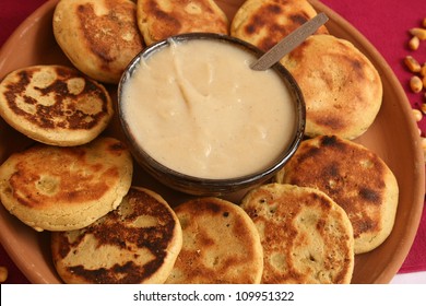 Pancakes With Sauce At An Outdoor Food Market In Cotacachi, Ecuador