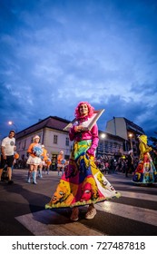 Pancevo - Serbia 06.17.2017. Girl Costumed In Dress With Pictures Of Merlin Monroe On Carnival Parade