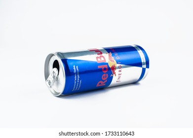 Pancevo,Serbia-may 16. 2020: Red Bull isolated on white background.Copy space