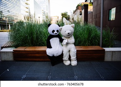 Panda and teddy bear having fun around the city