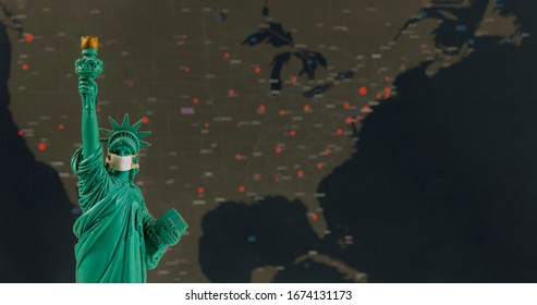 Pandemic Covid-19 Coronavirus In USA Quarantine, US Map Of Covid-19 In The Statue Of Liberty