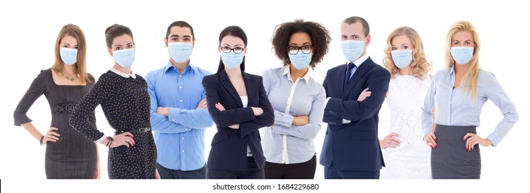 Pandemic, Health Care, Business And Office Work Concept - Large Set Of Business People Portraits In Protective Masks Isolated On White Background