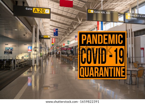 Pandemic coronavirus sign in front of an empty airport
